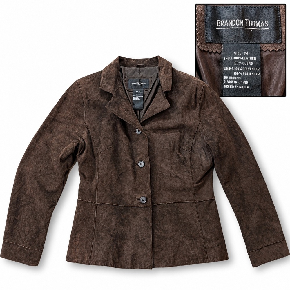 Brandon Thomas Womens M Genuine Leather Jacket Brown Distressed Blazer Coat
